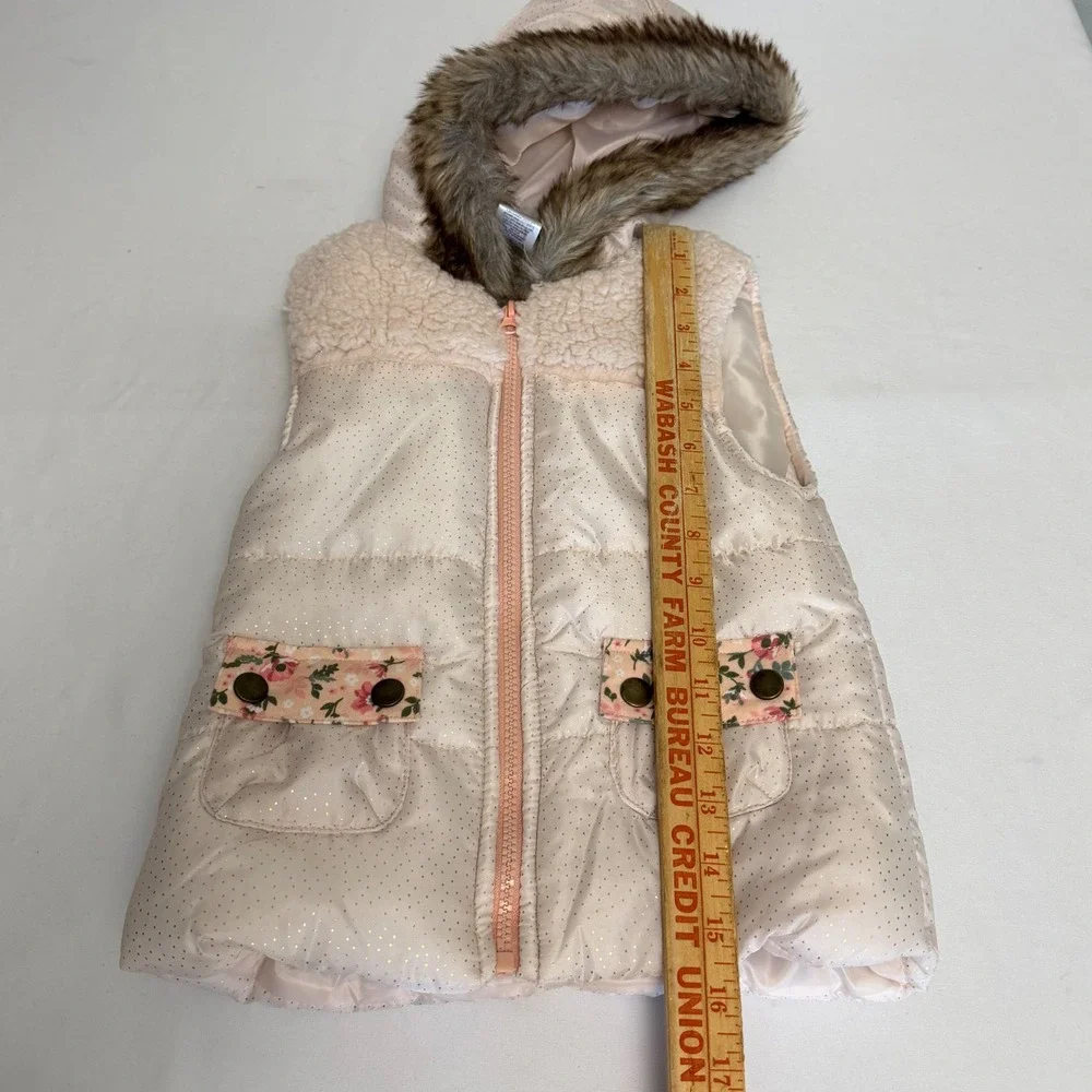 Little Lass Kids 4T Pink Cream Puffer Vest Gold Polka Dot Faux Fur Hood Floral